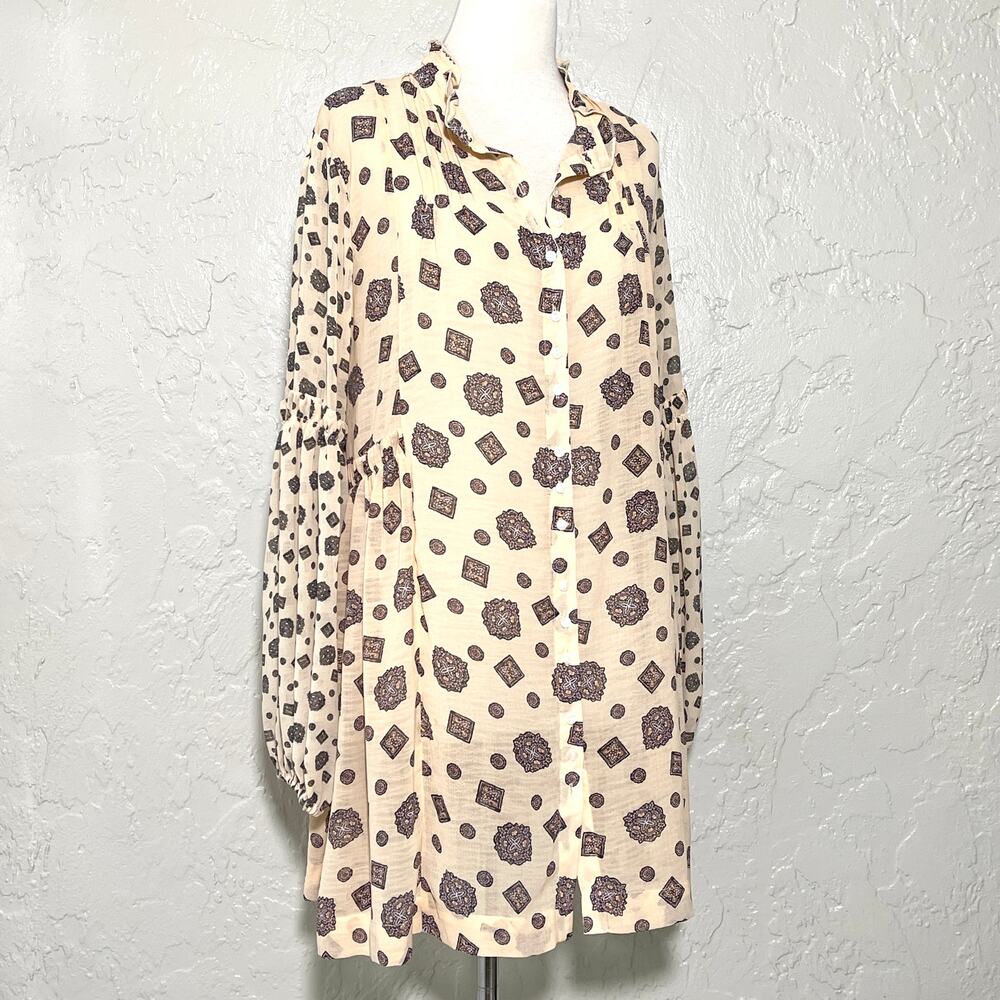 Free People Turn Turn Tea Combo Mini Dress Semi Sheer Balloon Sleeve SZ M - Picture 9 of 11
